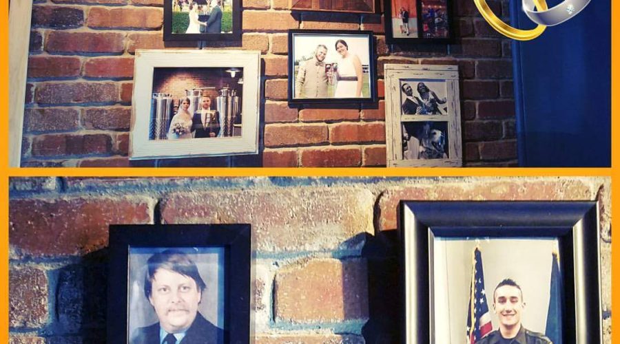 military photos and wedding photos hanging on the brick wall at farmington brewing company